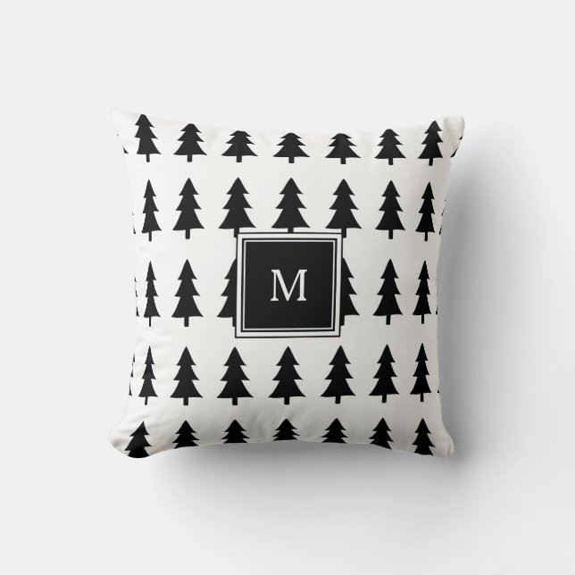 Moderne schwarze Bäume, Familie Monogramm Weihnach Kissen (Vorderseite)