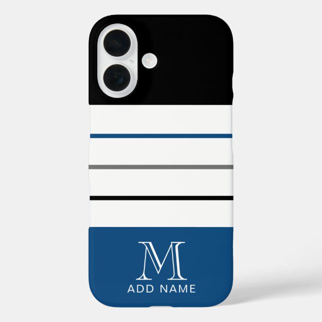 Moderne schwarze blaue Streifen mit Monogramm-Name iPhone 16 Hülle (Rückseite)