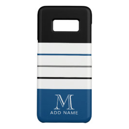 Moderne schwarze blaue Streifen mit Monogramm-Name iPhone 16 Hülle