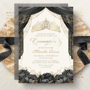 Moderne schwarze Blumen-Tiara Quinceanera Einladung