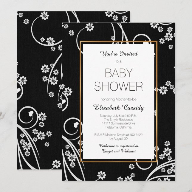 Moderne schwarze BlumengoldBabyparty-Einladung Einladung (Vorne/Hinten)