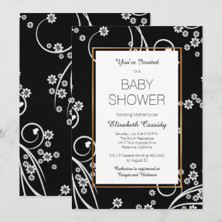 Moderne schwarze BlumengoldBabyparty-Einladung Einladung