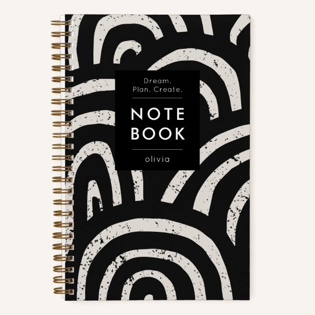 Moderne schwarze Bogenmuster-Motivation Notizbuch (Vorderseite)