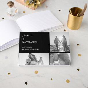 Moderne schwarze Drei-Foto-Collage-Hochzeit Gästebuch