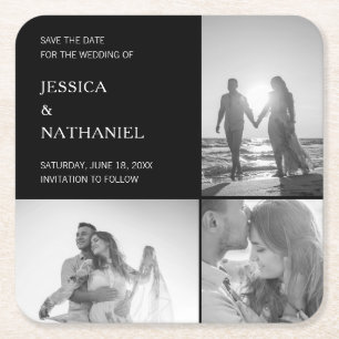 Moderne Schwarze Drei-Foto-Collage Save-the-Date Rechteckiger Pappuntersetzer
