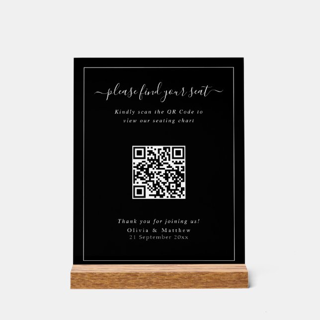 Moderne schwarze dunkle Hochzeits-QR-Code-Sitzordn Acrylschild (Vorderseite)