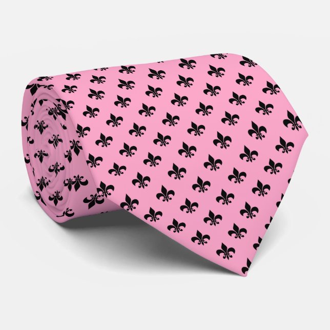 Moderne schwarze Fleur-de-lis auf Carnation Pink Krawatte (Gerollt)