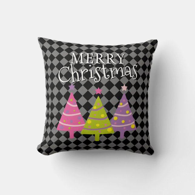 Moderne schwarze frohe Weihnachten Rosa Bäume Kissen (Vorderseite)