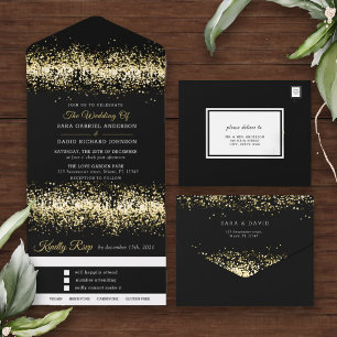 Moderne schwarze Glitter-Hochzeit Alles-in-einem-E All In One Einladung