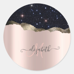 Moderne schwarze Glitter-Roségold-Monogramm  Runder Aufkleber