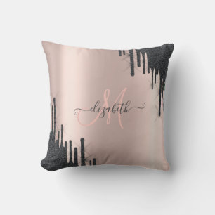 Moderne Schwarze Glitter-Tropfen Roségold-Monogram Kissen
