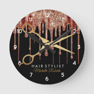 Moderne Schwarze Glitzer-Friseurin Runde Wanduhr