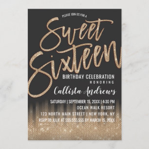 Moderne Schwarze Glitzer Typografie Sweet 16 Einladung