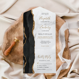 Moderne schwarze Gold-Achat-Marmor-Hochzeit All In One Einladung