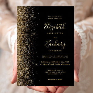 Moderne schwarze Gold-Faux-Glitter-Kanten-Hochzeit Folieneinladung