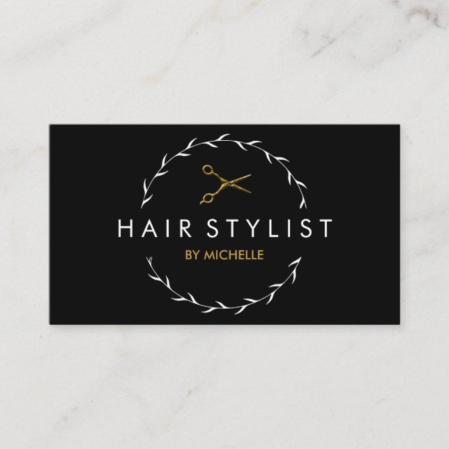 Moderne schwarze Gold-Haarstylist-Terminierungskar Visitenkarte (Vorderseite)