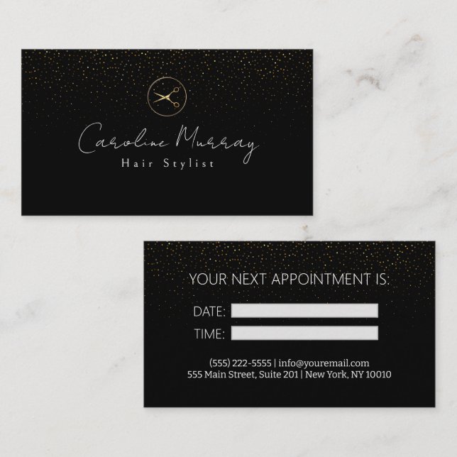 Moderne schwarze Gold-Haarstylist-Terminierungskar Visitenkarte (Vorne/Hinten)