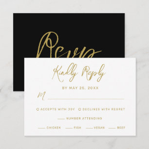 Moderne Schwarze Gold-Hand-Letteressen Hochzeit RSVP Karte