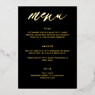 Moderne schwarze Gold-Kalligrafie-Hochzeitsmenü Folieneinladung
