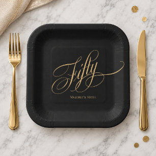 Moderne schwarze Gold-Kalligrafieschrift zum 50. G Pappteller