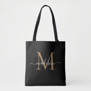 Moderne Schwarze Gold Monogram Girly Feminine Scri Tasche