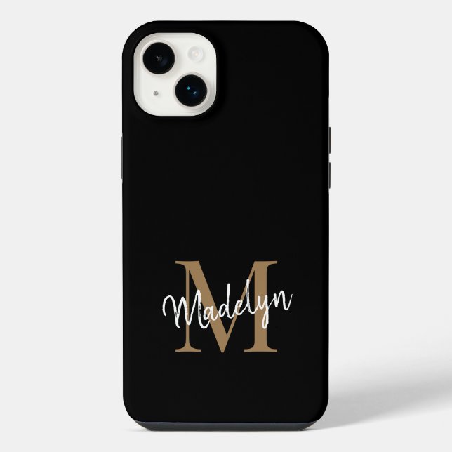 Moderne schwarze Gold-Monogramm-Schrift Damenname iPhone 14 Plus Hülle (Rückseite)