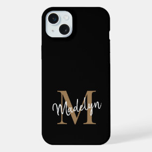 Moderne schwarze Gold-Monogramm-Schrift Damenname iPhone 15 Plus Hülle