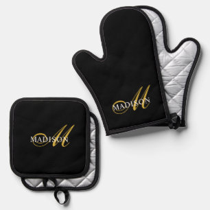 Moderne schwarze Gold-Monogramm-Schrift Ofenhandschuh & Topflappen-Set