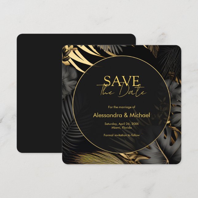 Moderne schwarze Gold tropische Hochzeit retten da Einladung (Vorne/Hinten)