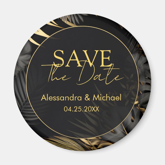 Moderne schwarze Gold tropische Hochzeit retten da Magnet (Vorne)