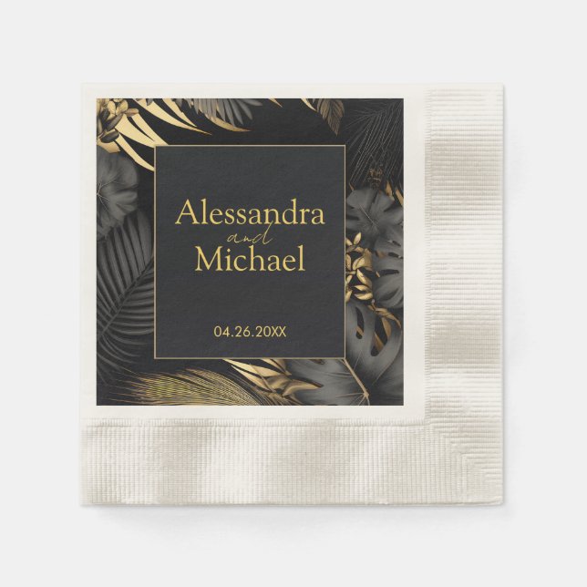 Moderne schwarze Gold tropische Hochzeit rettet di Serviette (Vorderseite)