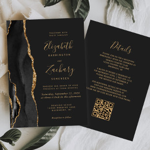Moderne Schwarze Goldachat Dunkle QR-Code-Hochzeit Einladung