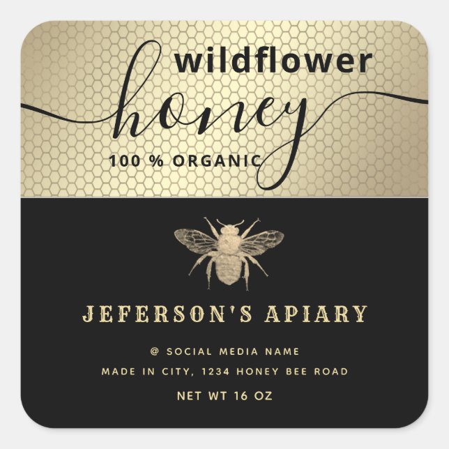 Moderne schwarze Goldbiene Drehbuch Honey jar Clas Quadratischer Aufkleber (Vorderseite)