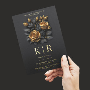 Moderne schwarze goldene Rosen gotische Hochzeit Folieneinladung