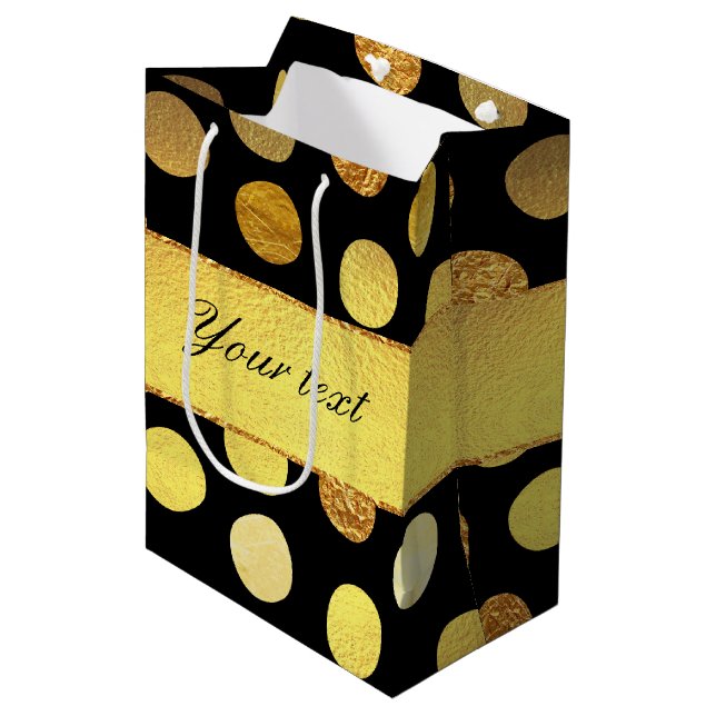 Moderne schwarze Goldfolieconfetti-Punkte Mittlere Geschenktüte (Vorderseite Schrägansicht)