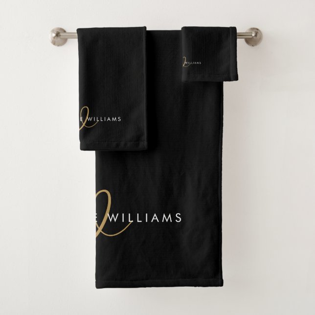 Moderne schwarze Goldschrift-Monogramm Badhandtuch Set (Insitu)