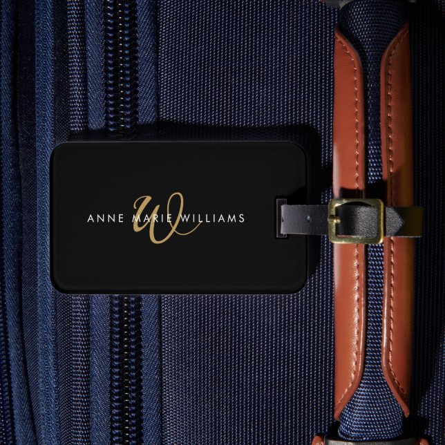 Moderne schwarze Goldschrift-Monogramm  Gepäckanhänger (Vorderseite Insitu 4)