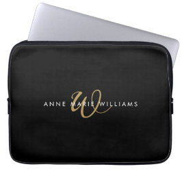 Moderne schwarze Goldschrift-Monogramm Laptopschutzhülle