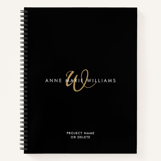 Moderne schwarze Goldschrift-Monogramm Notizbuch (Vorderseite)