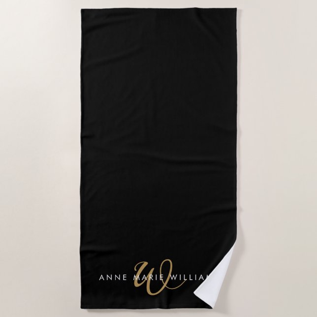 Moderne schwarze Goldschrift-Monogramm Strandtuch (Vorderseite)