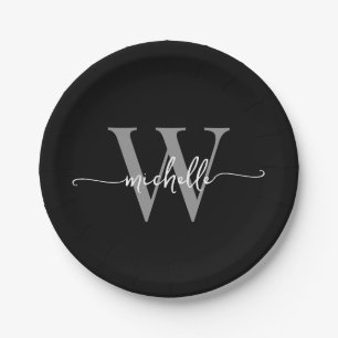 Moderne schwarze graue benutzerdefinierte Monogram Pappteller