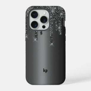 Moderne schwarze graue Glittertropfen auf metallis iPhone 15 Pro Hülle