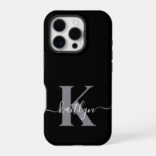 Moderne schwarze graue Skript-Monogramm iPhone 16 Pro Hülle