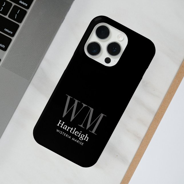 Moderne schwarze graue weiße Monogramm Name Case-Mate iPhone Hülle (Von Creator hochgeladen)