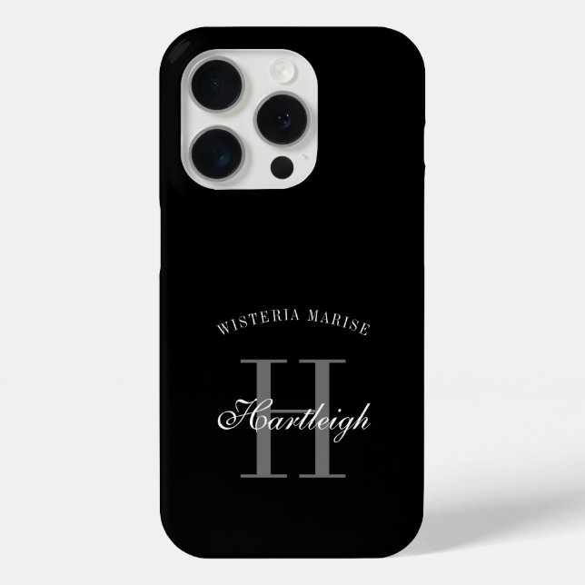 Moderne schwarze graue weiße Monogramm-Name Case-Mate iPhone Hülle (Rückseite)