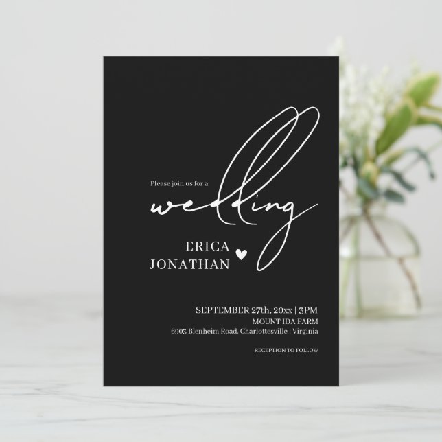 Moderne Schwarze Hochzeit mit weißer Schrift Einladung (Stehend Vorderseite)