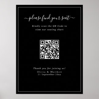 Moderne schwarze Hochzeits-QR-Code-Sitzplan-Poster Poster