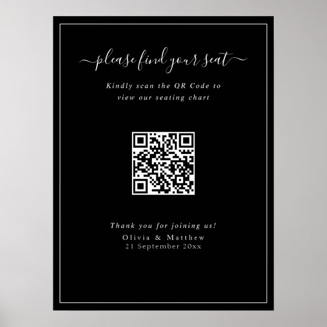 Moderne schwarze Hochzeits-QR-Code-Sitzplan-Poster Poster (Vorne)