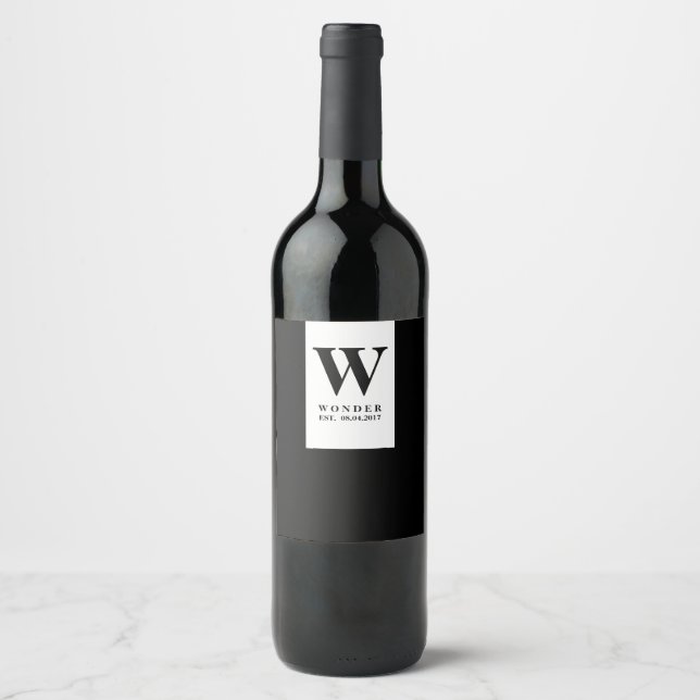 Moderne schwarze Hochzeitsmonogramm | Minimalistis Weinetikett (Vorderseite)