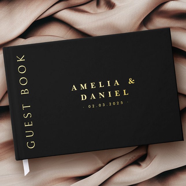 Moderne schwarze Hochzeitsnamen und Datum real Gästebuch (Modern black wedding names and date real foil foil guest book)